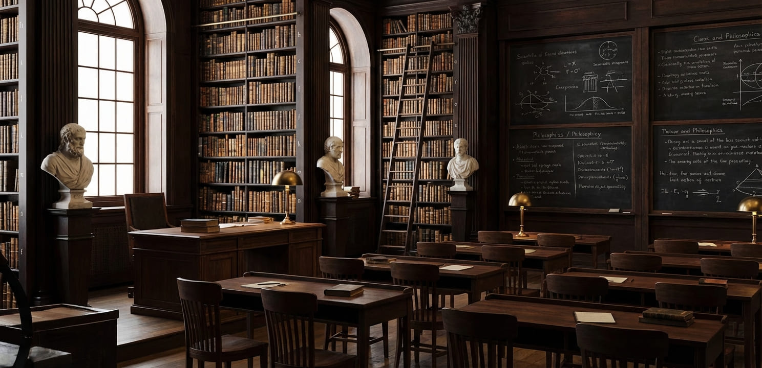 Photo of rows of books in a library with marble busts.
